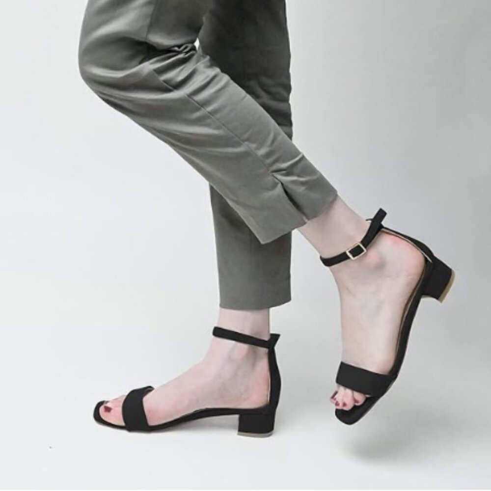 XYD Black Suede Open Toe Ankle Strap Buckled Low Chunky Heel Sandals for Dress